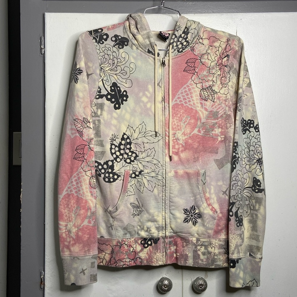 Lucky Brand Pink Cream Floral Zip-Up Hoodie